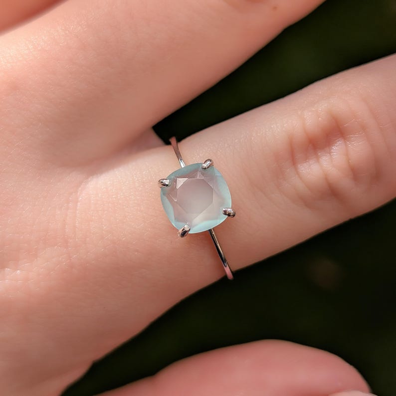 ring, light blue green sea glass, square stone, silver, yellow gold, rose gold