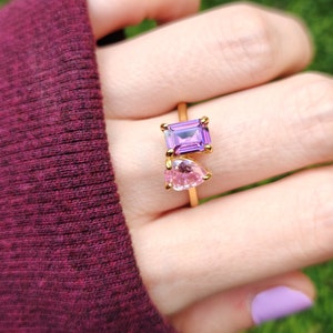 ring, aurora, toi et moi, custom, two stone, emerald cut and teardrop, genuine gemstone red garnet, purple amethyst, light blue aquamarine, clear quartz, opal, green emerald, multicolor alexandrite, rainbow topaz, pink ruby, light green peridot, blue sapphire, pink tourmaline, orange citrine, blue-purple tanzanite, sunstone, smokey quartz, onyx, moss agate, rutilated quartz, in silver yellow gold rose gold 14k solid gold