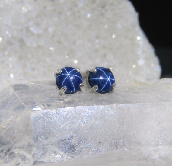 Star Sapphire Earrings Dark Blue 6mm Natural Star Sapphire