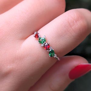 Holiday Cluster Band, deep green and red ring, genuine 4 stone holiday ring with teardrops and ovals,emerald and garnet eternity band