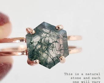 Hexagon Moss Agate Ring, hexagone  ring, hexagon engagement ring, moss agate ring, hexagon ring, moss agate double band ring, rings AAA