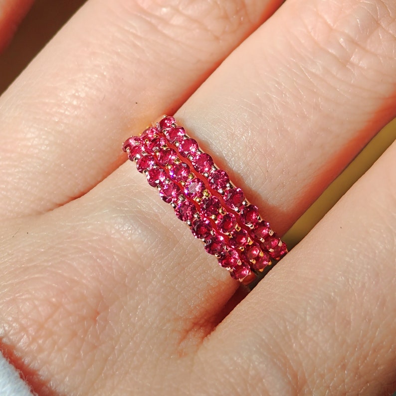 ring, pink ruby eternity band, stacking ring, round, silver, yellow gold, rose gold