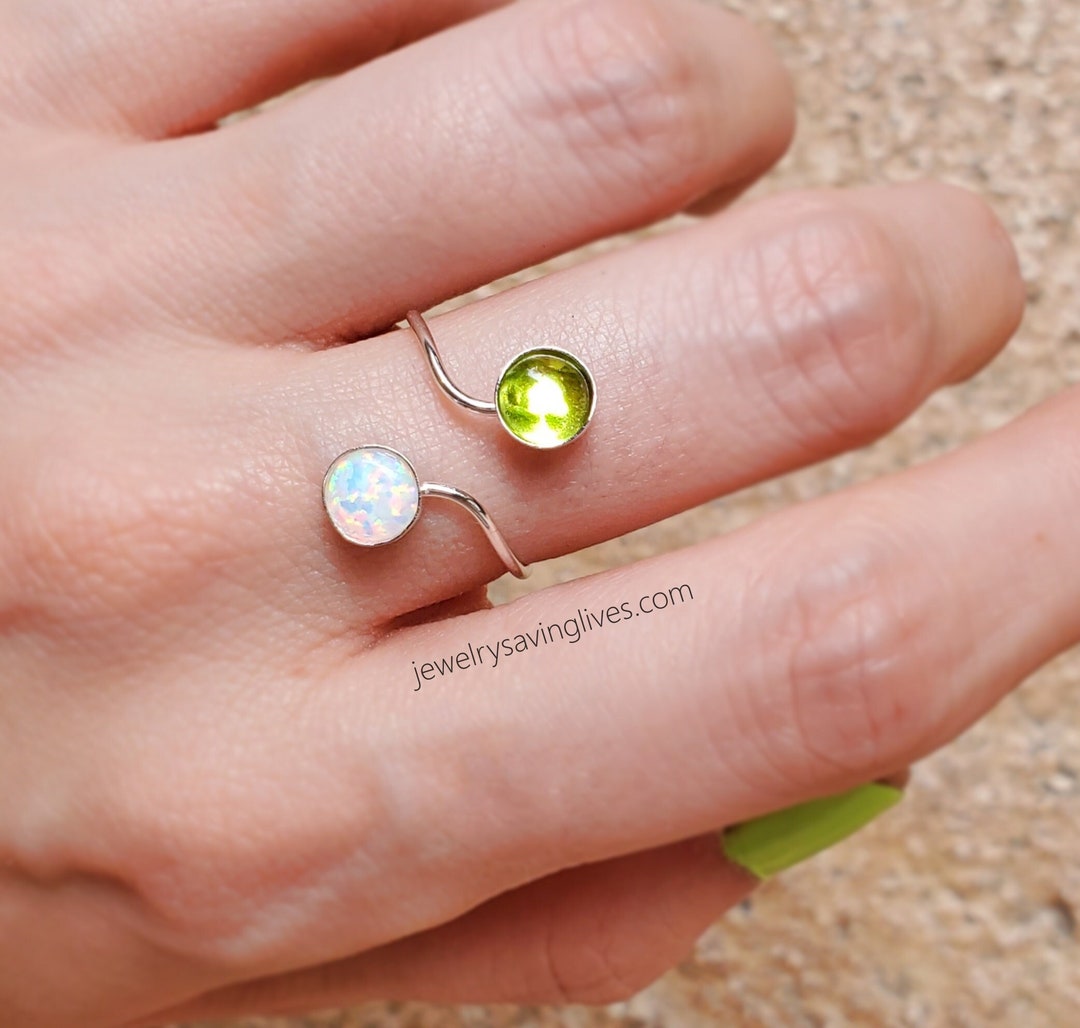 Peridot and Opal Ring Dainty, Peridot and Fire Opal, Silver Double Stone Ring, Peridot Opal