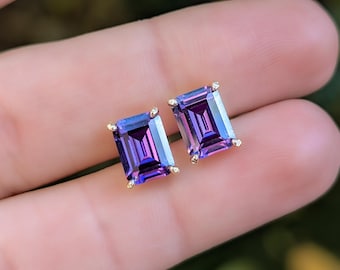 Emerald Cut Amethyst Stud Earrings: 6x8 rectangle amethyst Silver, Yellow Gold, February Birthstone Studs
