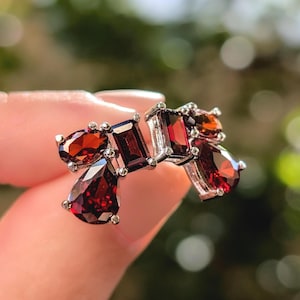 Garnet cluster stud, large statement 3 stone multi shape garnet studs in silver yellow gold - The Tulia