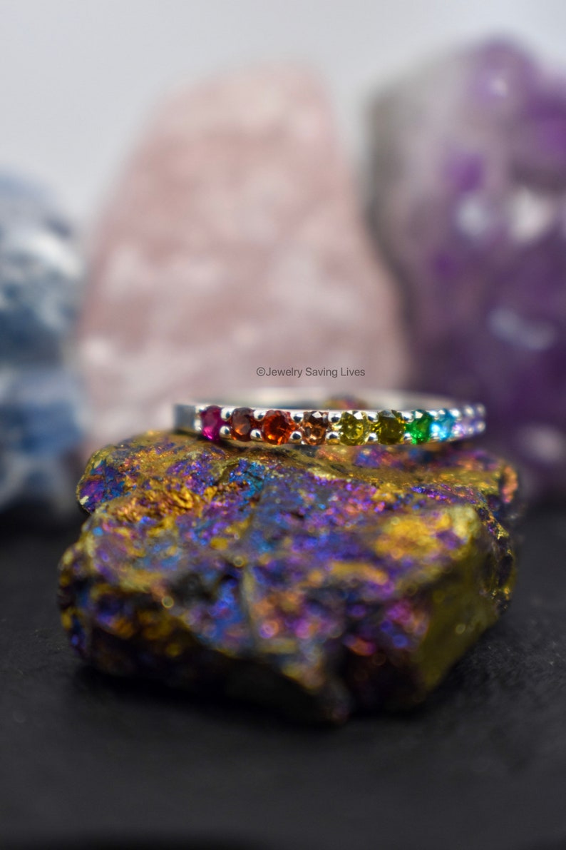 Rainbow Pride Eternity Band, natural gemstone LGBTQ half eternity band, rainbow band ring, pride accessories image 9