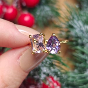 ring, aurora, toi et moi, custom, two stone, emerald cut and teardrop, genuine gemstone red garnet, purple amethyst, light blue aquamarine, clear quartz, opal, green emerald, multicolor alexandrite, rainbow topaz, pink ruby, light green peridot, blue sapphire, pink tourmaline, orange citrine, blue-purple tanzanite, sunstone, smokey quartz, onyx, moss agate, rutilated quartz, in silver yellow gold rose gold 14k solid gold
