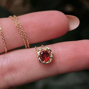 Brilliant Cut Garnet Swirl Halo Pendant Necklace, Silver, Yellow Gold, Rose Gold, January Birthstone