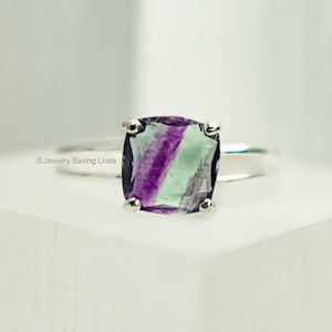 Natural Green and Purple Fluorite Ring, solitaire stacking genuine green and purple fluorite, unique natural fluorite, rainbow fluorite