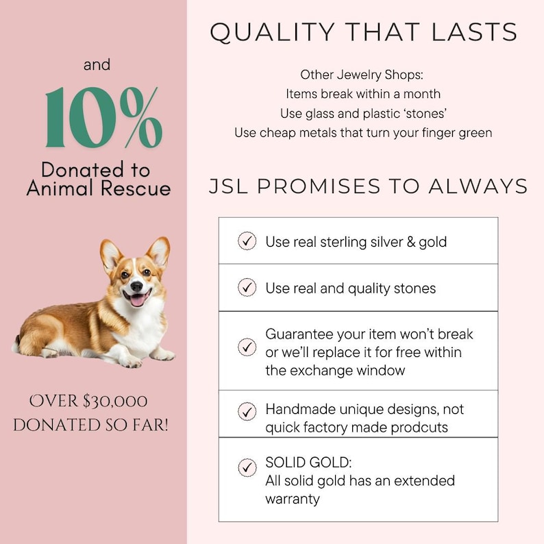 以下が含まれることがあります： コーギー犬とテキストのプロモーション画像。テキストには「10％動物保護団体に寄付」と「これまでに3万ドル以上を寄付！」が含まれています。追加のテキストは、本物の銀と金、高品質の石、手作りのデザインなど、品質と約束を強調しています。
