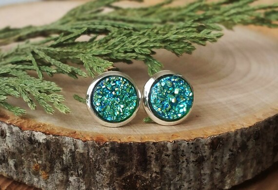 Druzy Earrings, Druzy Stud Earrings, Peacock Druzy, Rainbow Studs