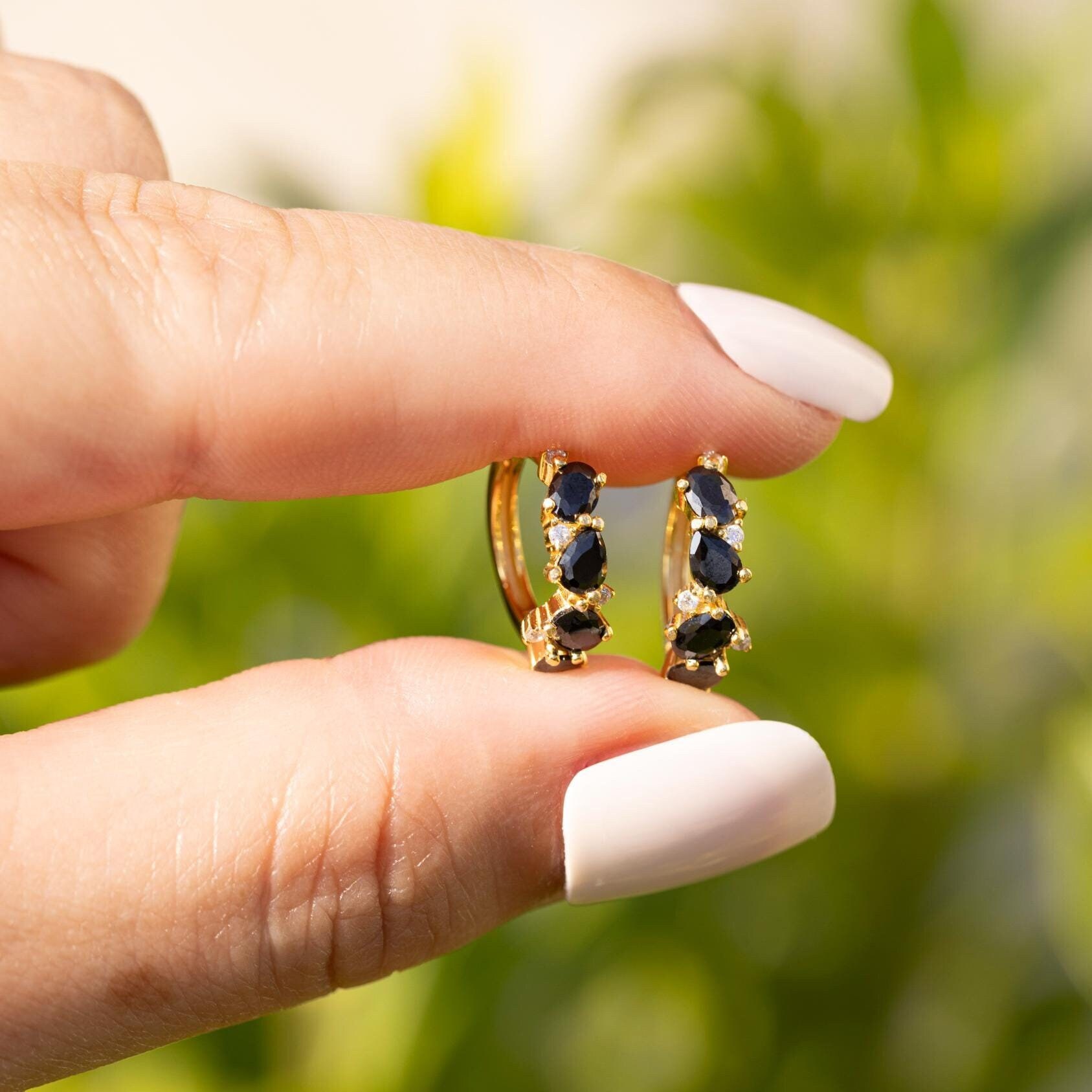 Onyx Hoop Earrings, Cluster Hoop Black Onyx Earrings in Yellow Gold ...
