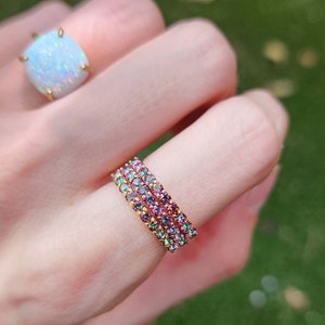alexandrite eternity band, stacking ring, purple and green, round, silver, yellow gold, rose gold