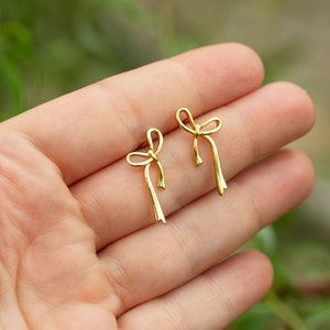 Bow Earrings, Bow Ribbon Earrings, Silver Bow Ribbon Studs, Gold Bow Studs, Long Bow Studs, Dangle Bow Studs image 5