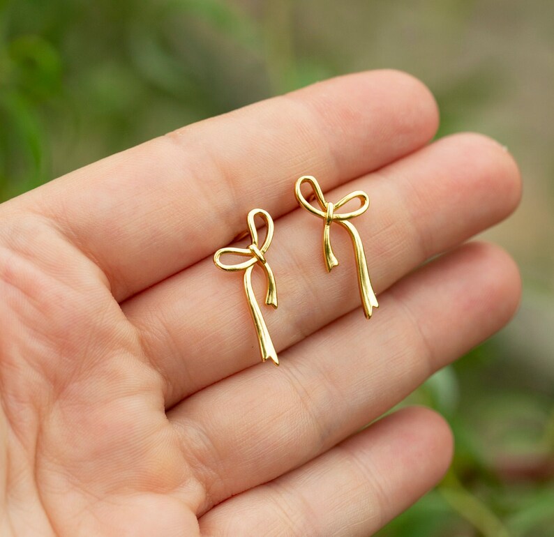 Bow Earrings, Bow Ribbon Earrings, Silver Bow Ribbon Studs, Gold Bow Studs, Long Bow Studs, Dangle Bow Studs image 5