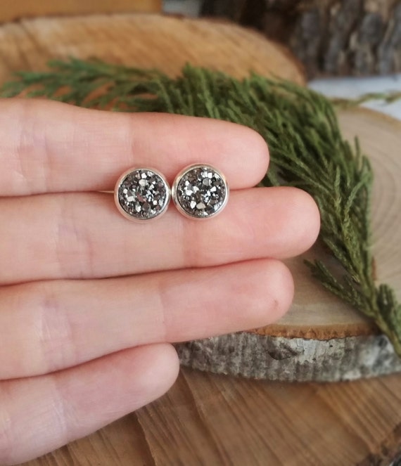 Tiny Dark Silver Druzy Studs, Small Dark Silver Druzy Earrings