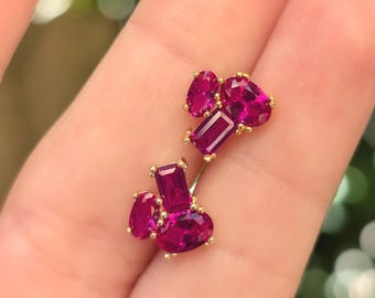 Ruby 3 stone cluster studs, unique bright ruby earrings in silver and yellow gold, - The Elia