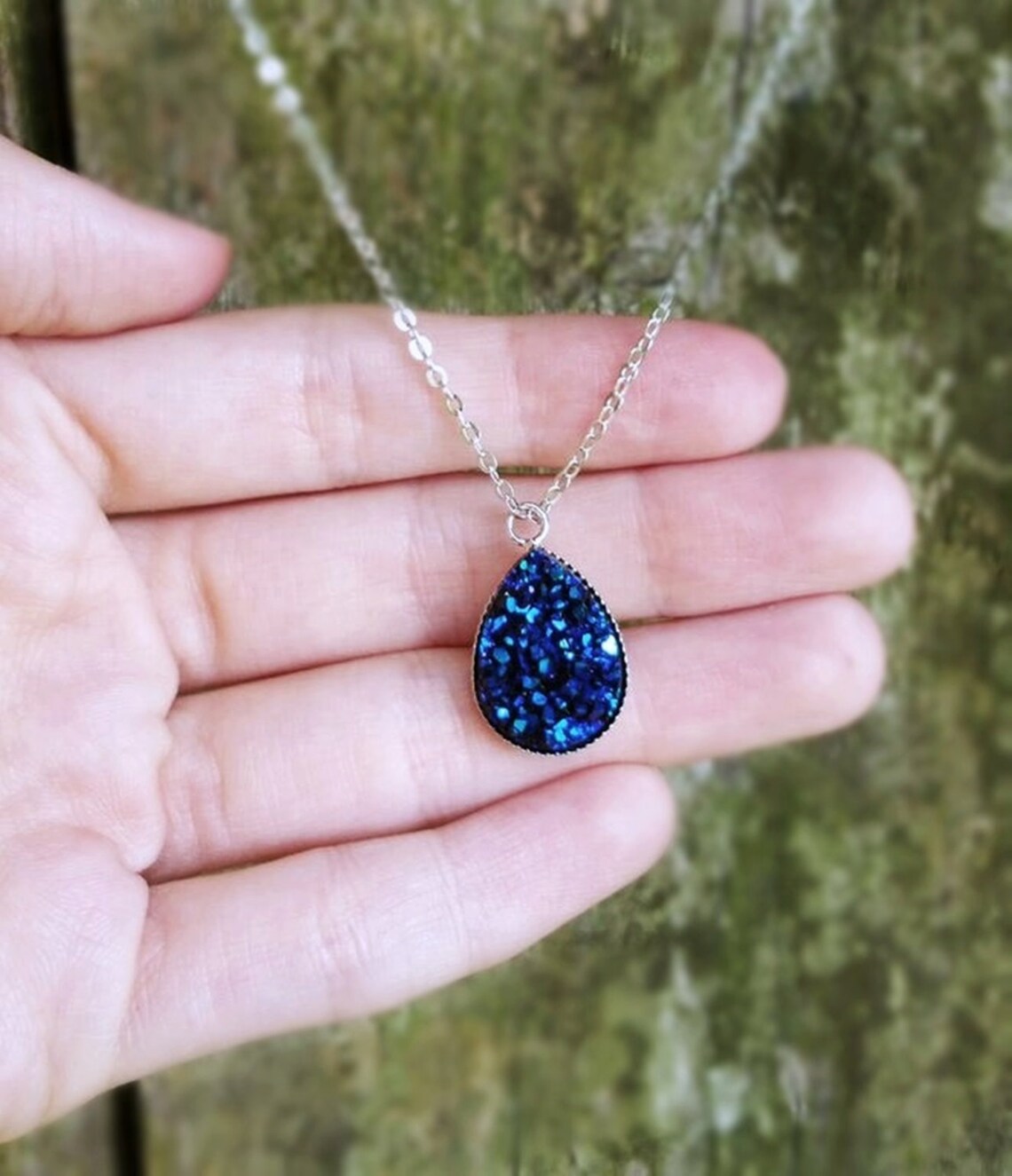 September Birthstone Necklace Deep Blue Druzy Teardrop Etsy