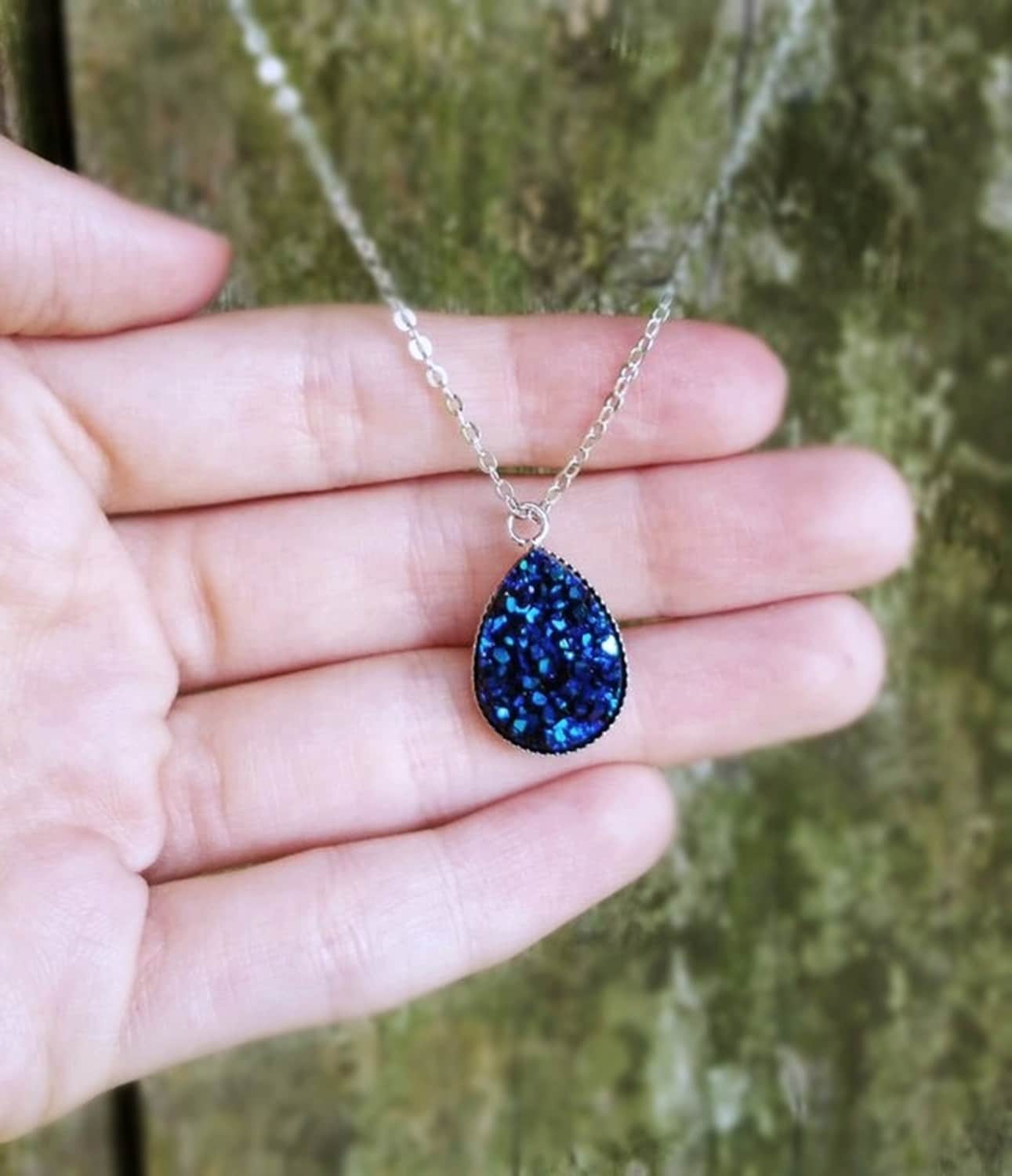Deep Blue Druzy Teardrop Necklace Blue Druzy Teardrop Necklace