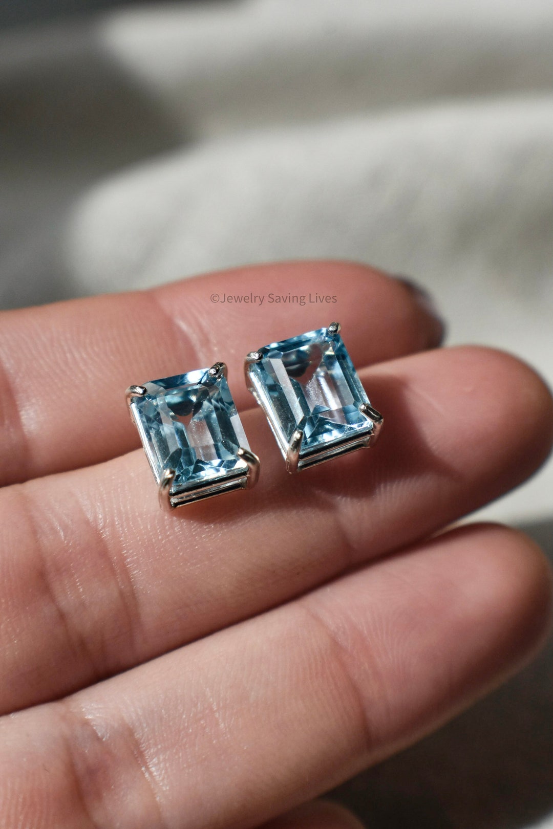 Aquamarine Emerald Cut Prong Earrings Rectangle Light Blue Studs Natural Aquamarine Earrings in Prong Setting Genuine Aquamarine Studs Etsy