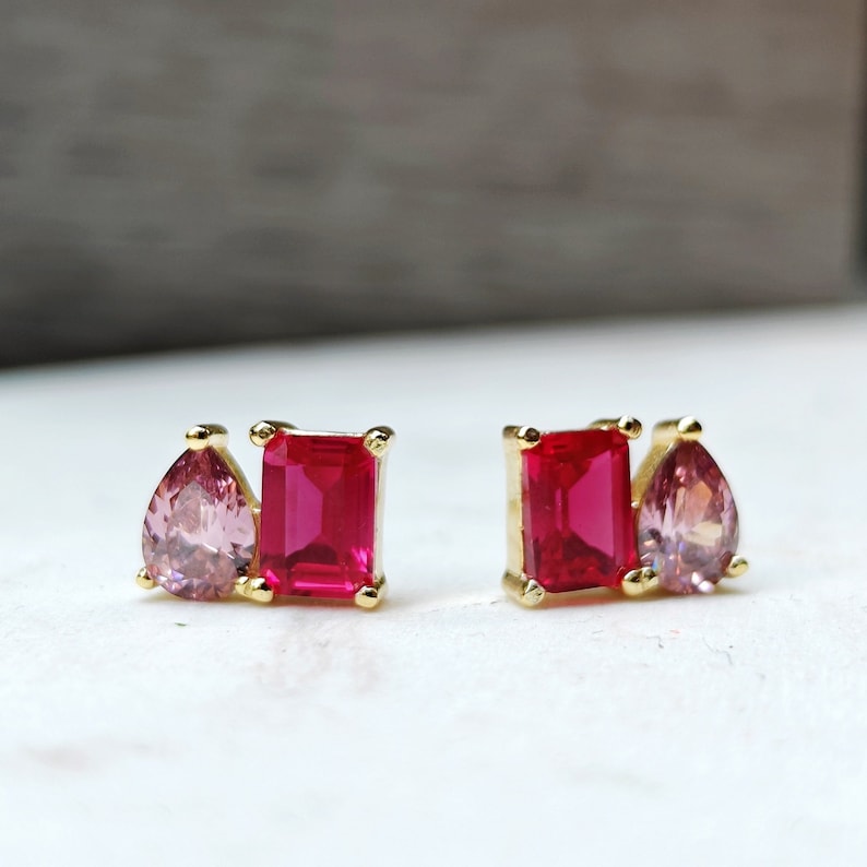 earring studs, aurora, toi et moi, custom, two stone, pushback earrings, emerald cut and teardrop, genuine gemstone red garnet, purple amethyst, light blue aquamarine, clear quartz, opal, green emerald, multicolor alexandrite, rainbow topaz, pink ruby, light green peridot, blue sapphire, pink tourmaline, orange citrine, blue-purple tanzanite, sunstone, smokey quartz, onyx, moss agate, rutilated quartz, in silver yellow gold rose gold 14k solid gold