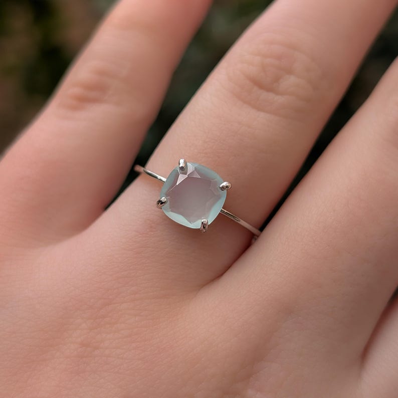 ring, light blue green sea glass, square stone, silver, yellow gold, rose gold