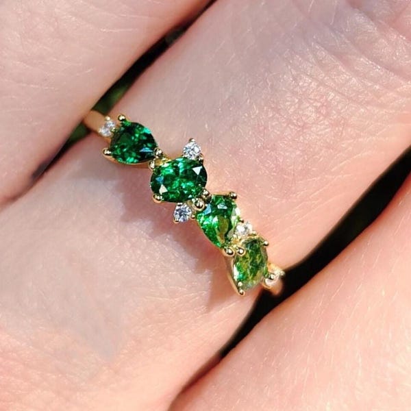 Emerald Multi Stone Ring, unique green emerald gemstone ring with teardrops and ovals in silver and yellow gold