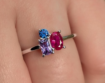 バイセクシャル 3 ストーン クラスター リング、サファイア、アメジスト、ルビー、エメラルド カット、ラウンド、オーバル、ユニークなクラスター リング、シルバー、イエロー ゴールド、ローズ ゴールド