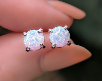White Opal Stud Earrings, Sterling Silver, Yellow Gold, White Gold, White Fire October Birthstone studs, 3mm - 8mm