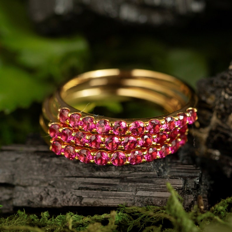 ring, pink ruby eternity band, stacking ring, round, silver, yellow gold, rose gold