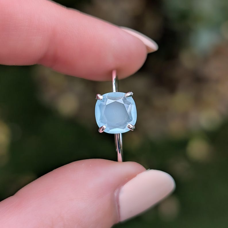 ring, light blue green sea glass, square stone, silver, yellow gold, rose gold