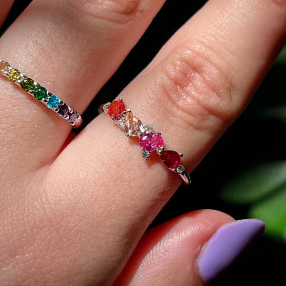 Lesbian Cluster Band, cluster lesbian ring, genuine 4 stone gemstone ring with teardrops and ovals, unique LGBTQ+ band, pride accessories