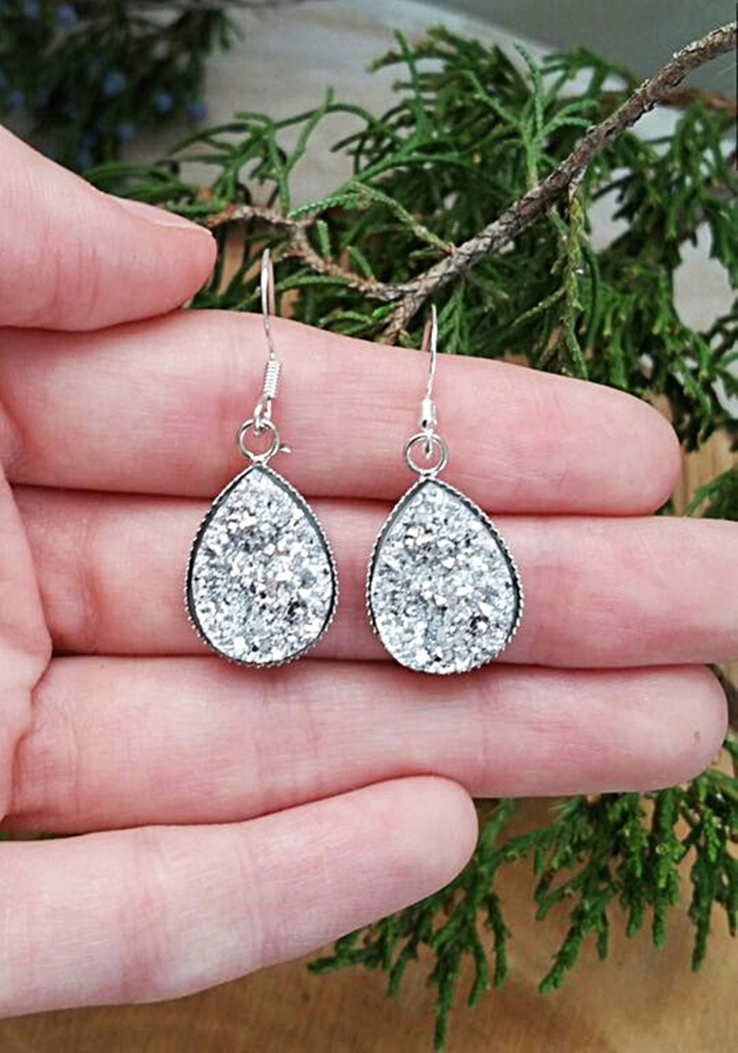 Silver Druzy Teardrop Earrings, Large Silver Dangle Statement