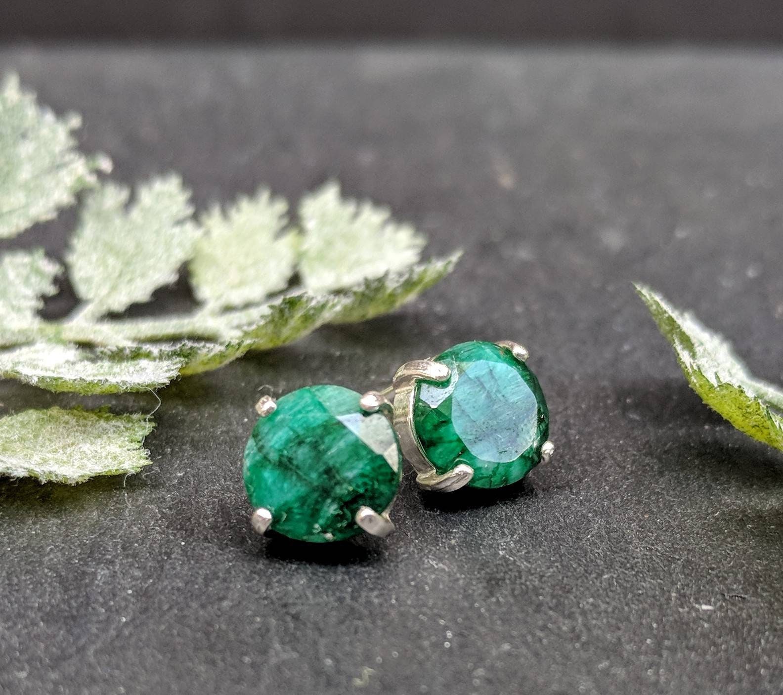 Raw natural dark green emerald earrings showing natural veins Etsy