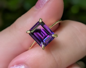Amethyst Ring, Emerald Cut, Sterling Silver, Yellow Gold, Rose Gold, Modern Engagement
