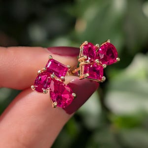 Peut inclure: Une paire de boucles d'oreilles dor&eacute;es avec des grappes de pierres pr&eacute;cieuses roses vives de diff&eacute;rentes formes. Les boucles d'oreilles ont une finition polie. L'arri&egrave;re-plan est vert flou.