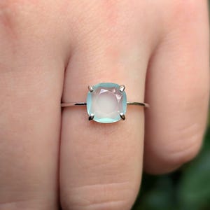 ring, light blue green sea glass, square stone, silver, yellow gold, rose gold