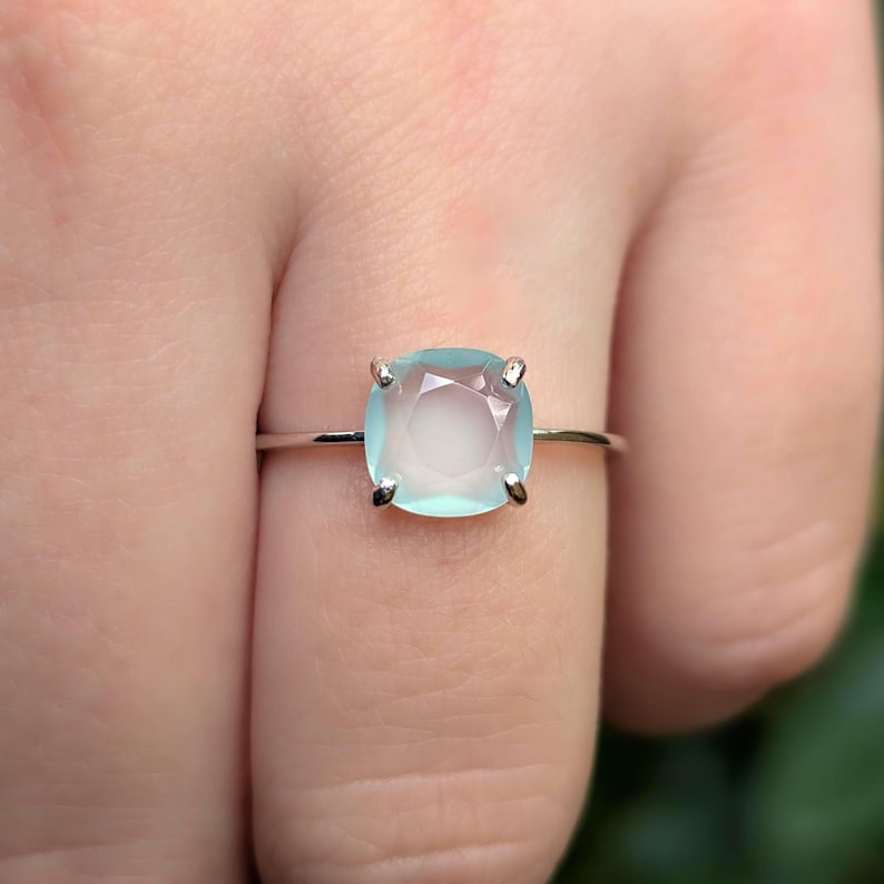 ring, light blue green sea glass, square stone, silver, yellow gold, rose gold