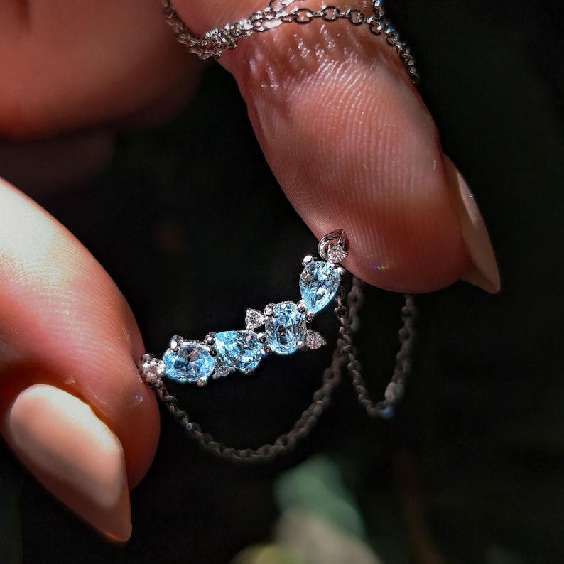 aquamarine legacy four stone cluster necklace, custom, light blue, teardrop and oval, silver, yellow gold
