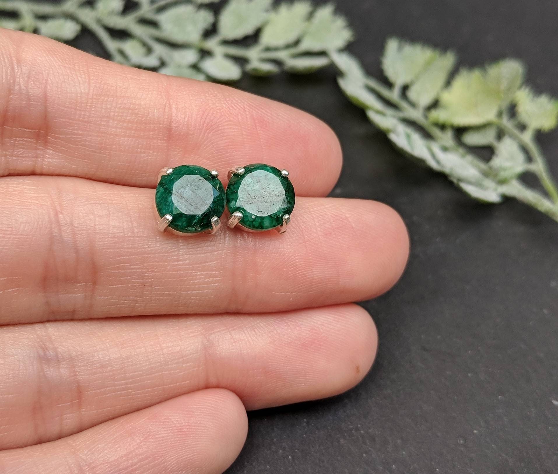 SALE 20 OFF Natural Dark Green Emerald Earrings 8mm Round Etsy
