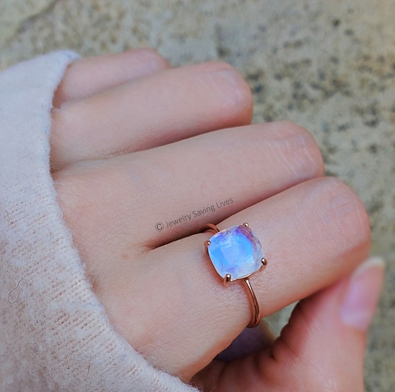Gift For Mother Blue Fire Stone Ring Moonstone Ring Silver Ring Daily Wear Ring Gemstone Ring Sale Unique Ring White Moonstone Ring