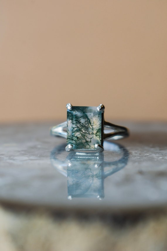 Moss Agate engagement ring, agate emerald cut ring set in sterling silver raised setting, moss agate ring, alternative engagement ring