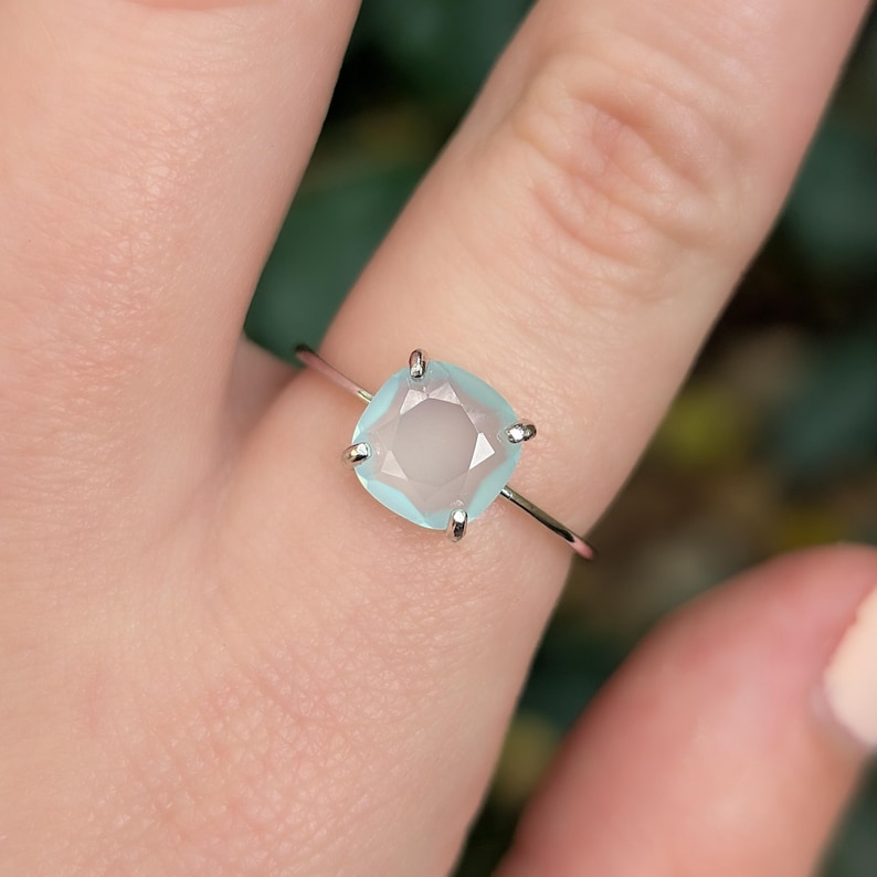 ring, light blue green sea glass, square stone, silver, yellow gold, rose gold