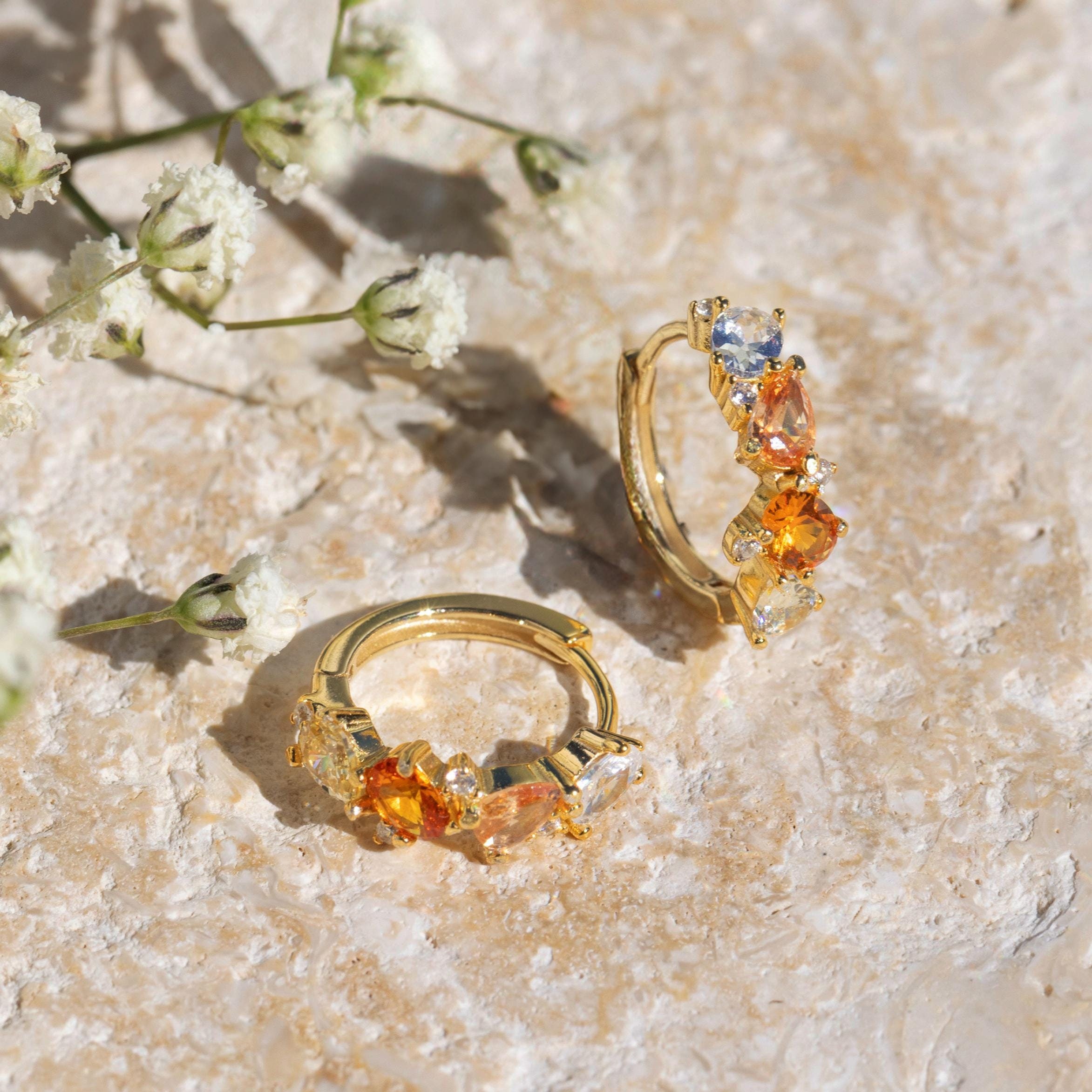 Citrine Ombre Hoop Earrings, cluster hoop Citrine earrings in yellow gold, natural Citrine hoop earrings, orange Citrine ombre earrings