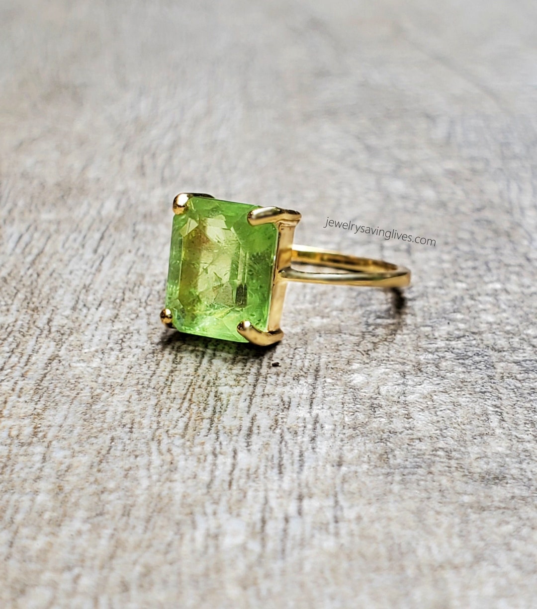 Natural Raw Emerald Cut Peridot Ring, Peridot Ring in