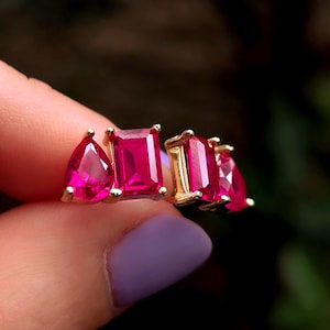 Ruby Two Stone Earrings, two stone earrings, multi shape earrings, unique double ruby studs, July birthstone - The Aurora