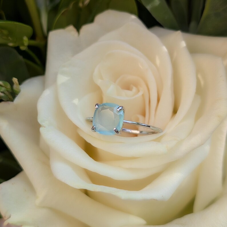 Aqua Sea Glass Ring, Sterling Silver Handmade Solitaire ring, yellow gold, rose gold image 5