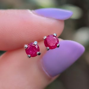 Small Raw Ruby Earrings to set and forget, daily wear stud, piercing for 2nd or 3rd hole, July Birthstone in silver and gold