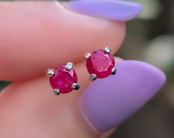 Small Raw Ruby Earrings to set and forget, daily wear stud, piercing for 2nd or 3rd hole, July Birthstone in silver and gold
