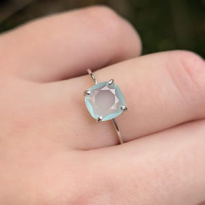 ring, light blue green sea glass, square stone, silver, yellow gold, rose gold